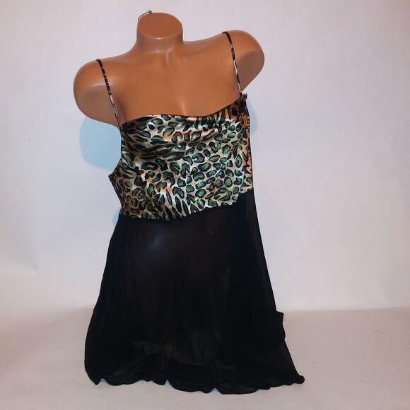Secret Treasures Lingerie Chemise Babydoll Large Black Leopard Sheer Sleepwear - Picture 1 of 8
